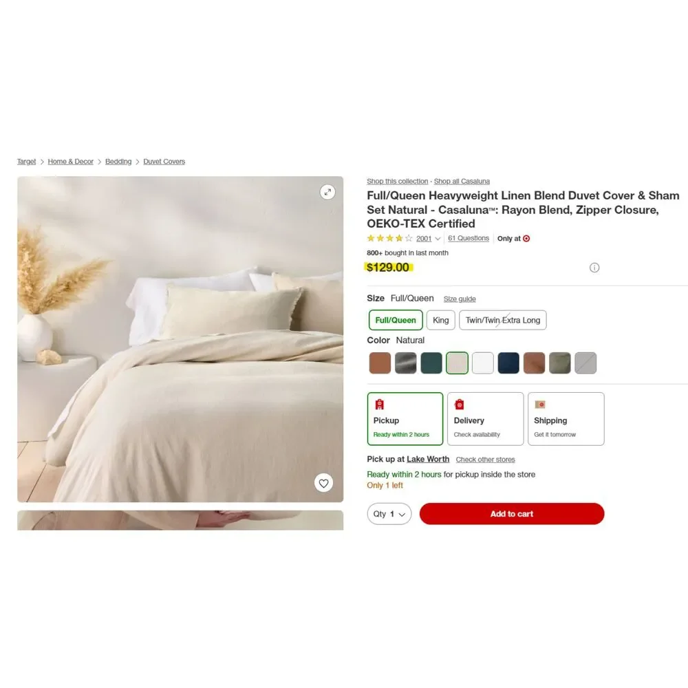 Full/Queen Heavyweight Linen Blend Duvet Cover & Sham Set Natural - Casaluna NEW